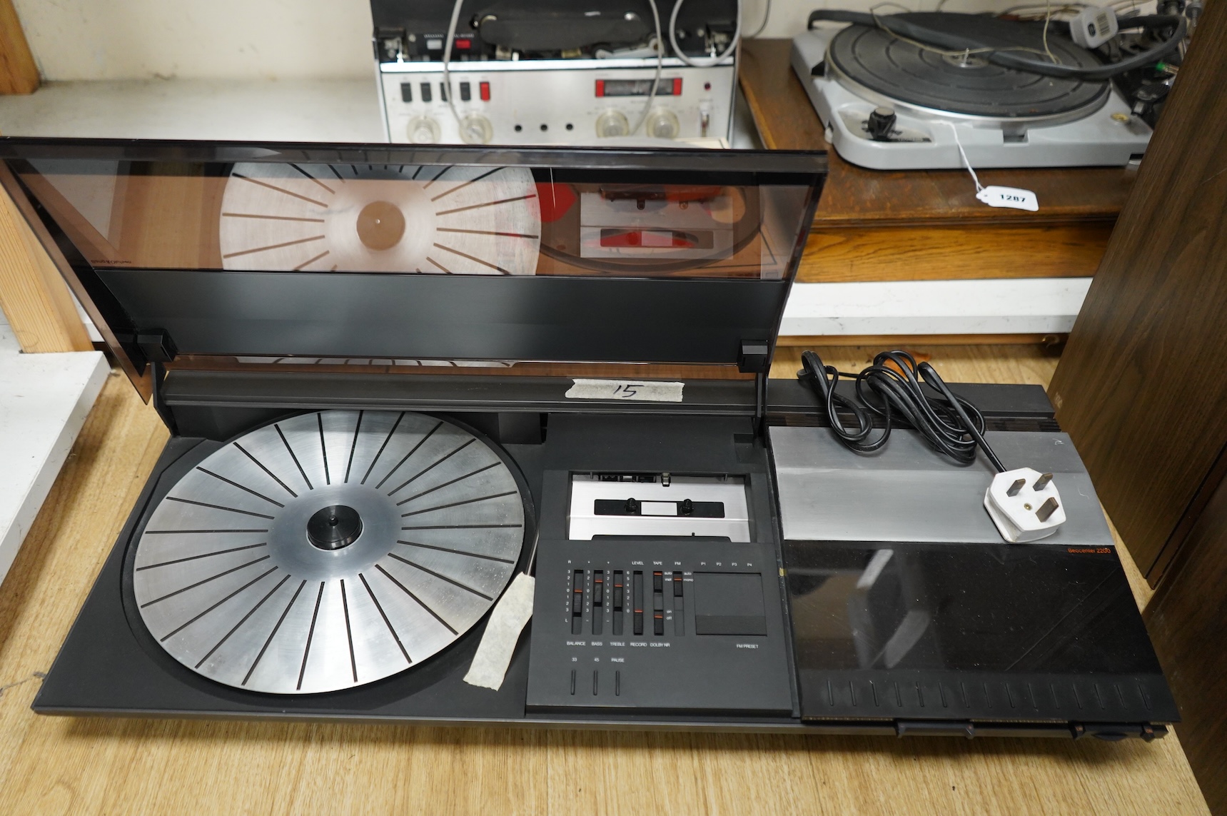 A collection of Bang & Olufsen stereo equipment, including; a Beocentre 2200 together with a pair of the related Beovox X25 speakers, plus a pair of Redline R60 floor standing speakers with their stands, and a pair of Be